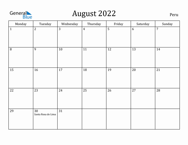 August 2022 Calendar Peru