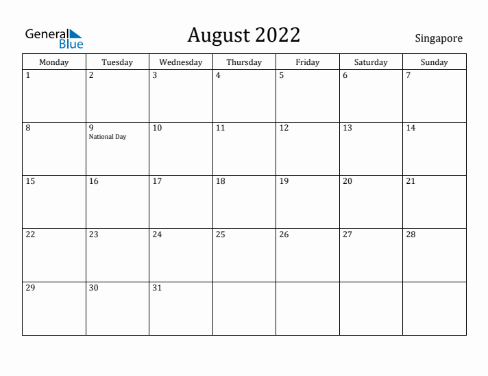 August 2022 Calendar Singapore