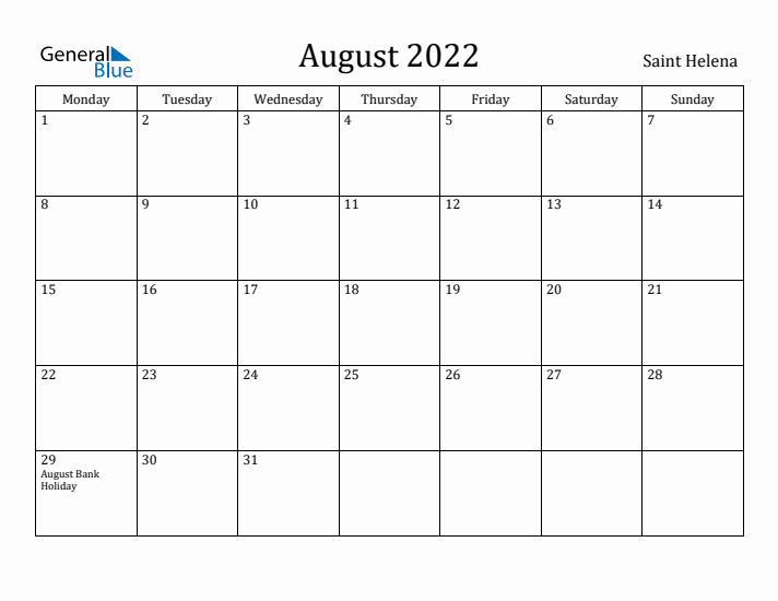 August 2022 Calendar Saint Helena