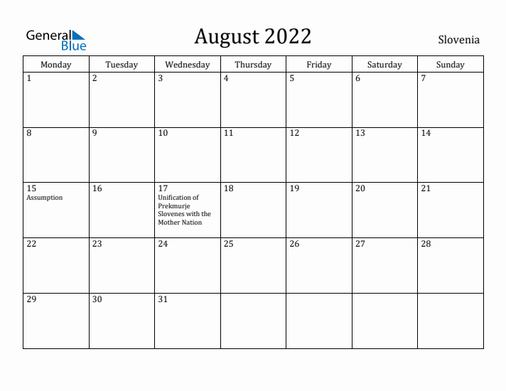 August 2022 Calendar Slovenia