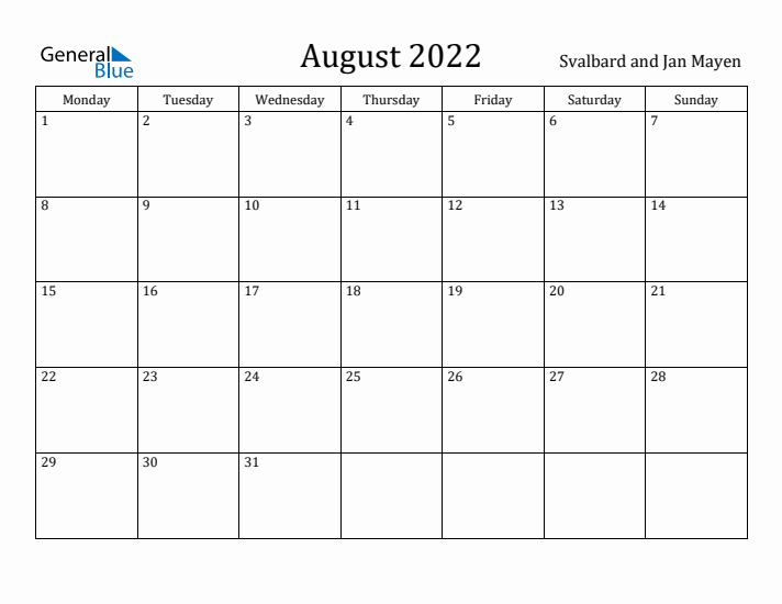 August 2022 Calendar Svalbard and Jan Mayen