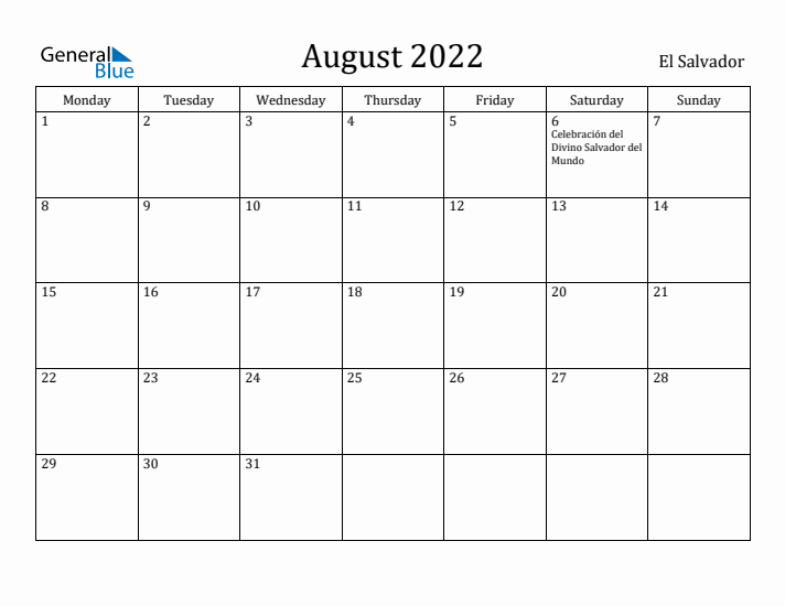 August 2022 Calendar El Salvador