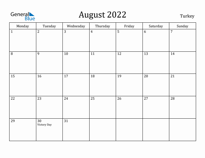 August 2022 Calendar Turkey
