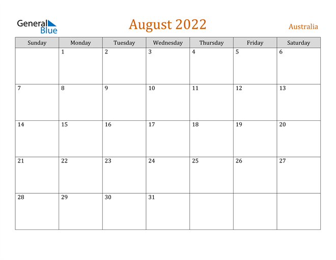 Australia August 2022 Calendar With Holidays