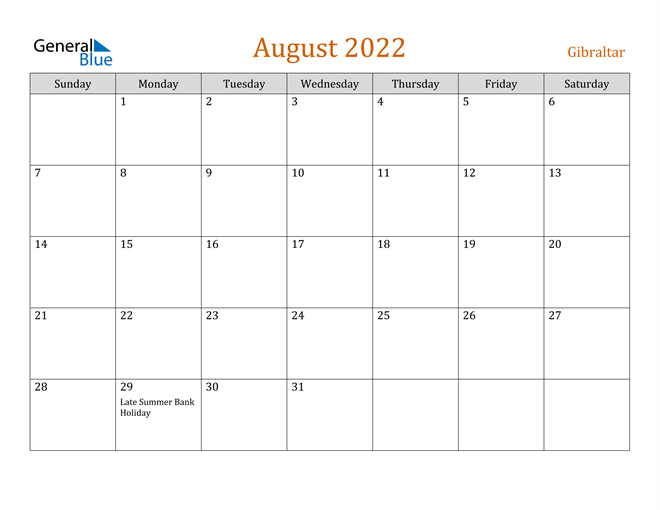 august 2022 calendar gibraltar