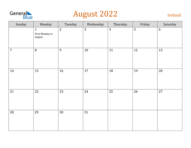 Ireland August 2022 Calendar with Holidays