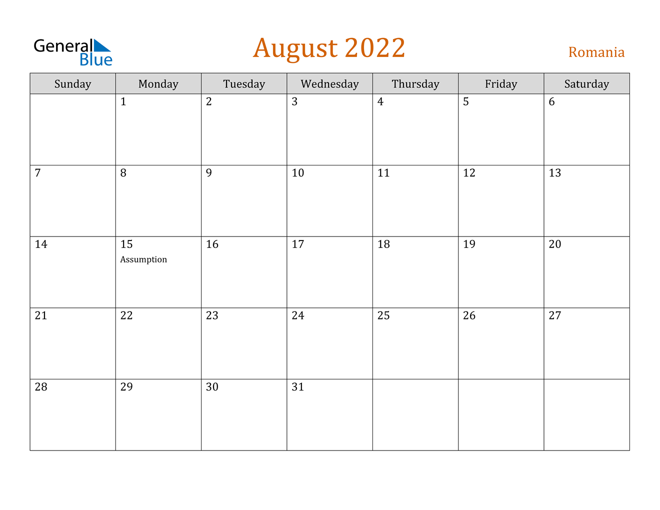 august 2022 calendar romania