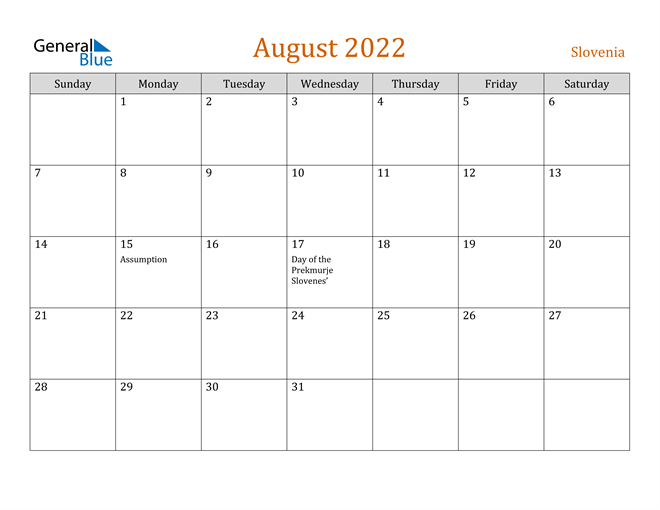 slovenia august 2022 calendar with holidays