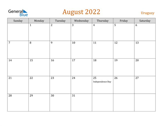 august 2022 calendar uruguay