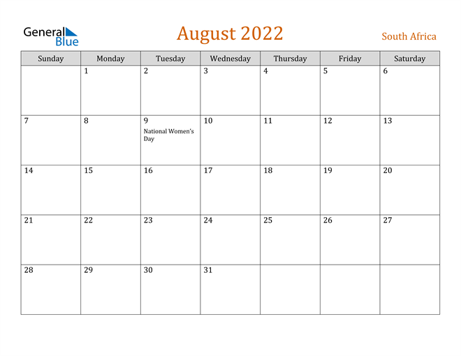 august 2022 calendar with south africa holidays