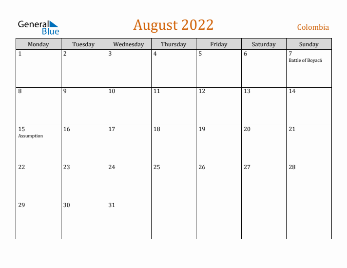 August 2022 Holiday Calendar with Monday Start