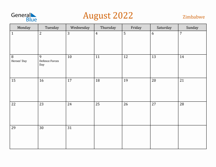 August 2022 Holiday Calendar with Monday Start