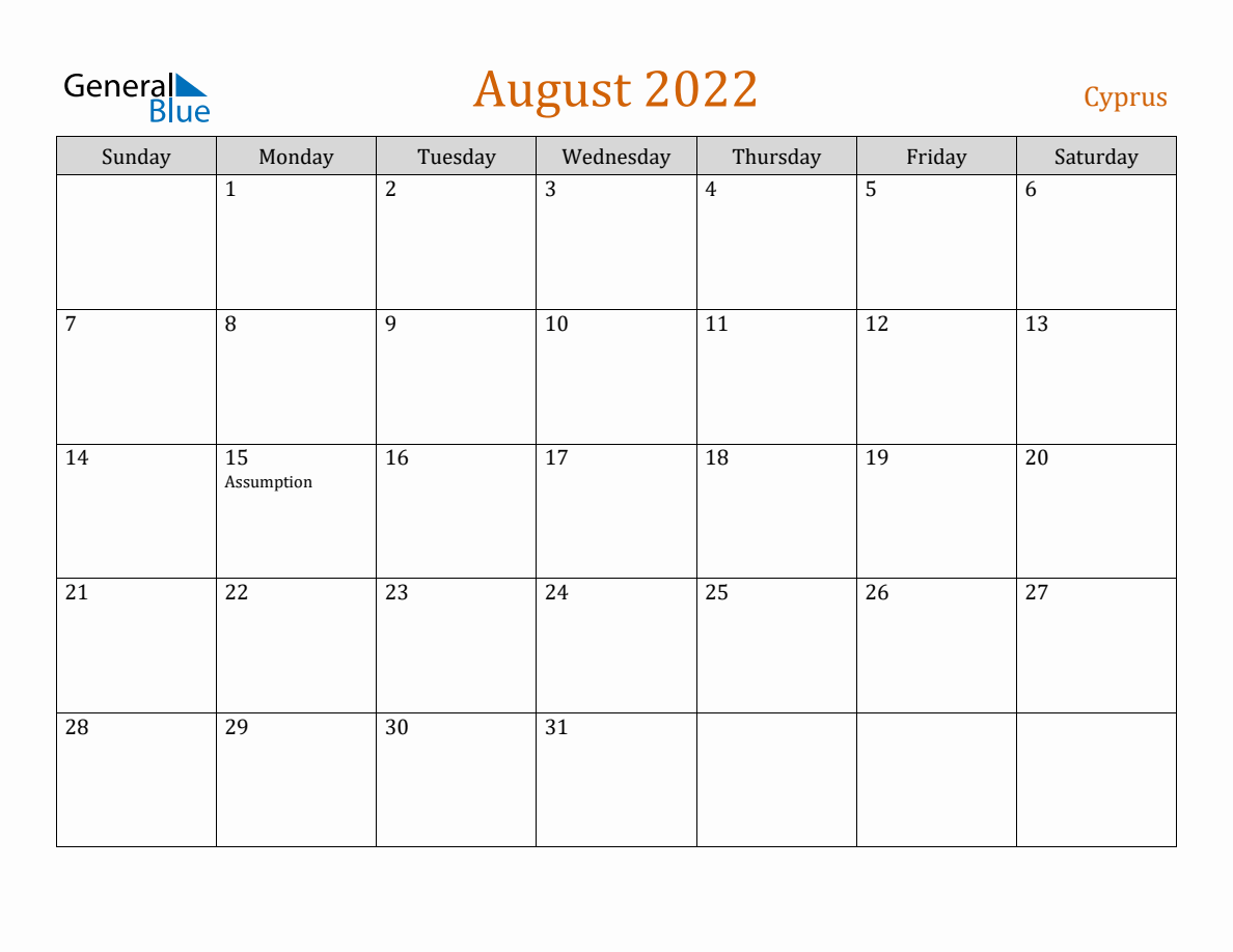 Free August 2022 Cyprus Calendar