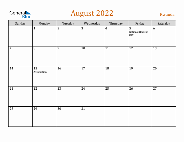 August 2022 Holiday Calendar with Sunday Start