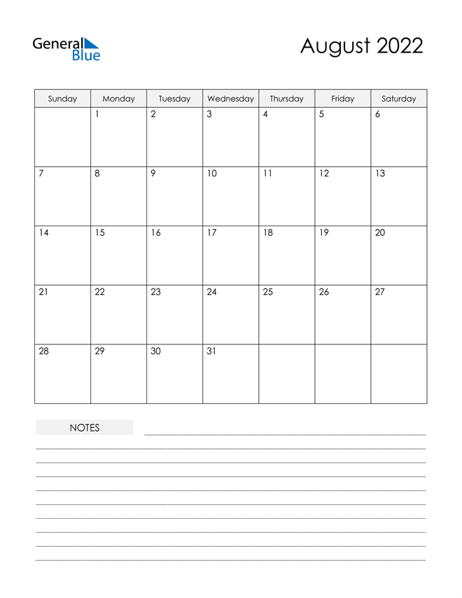  Printable Calendar with Notes - August 2022