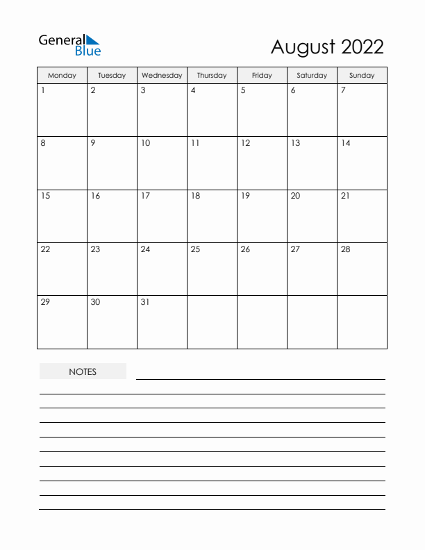 Printable Calendar with Notes - August 2022 