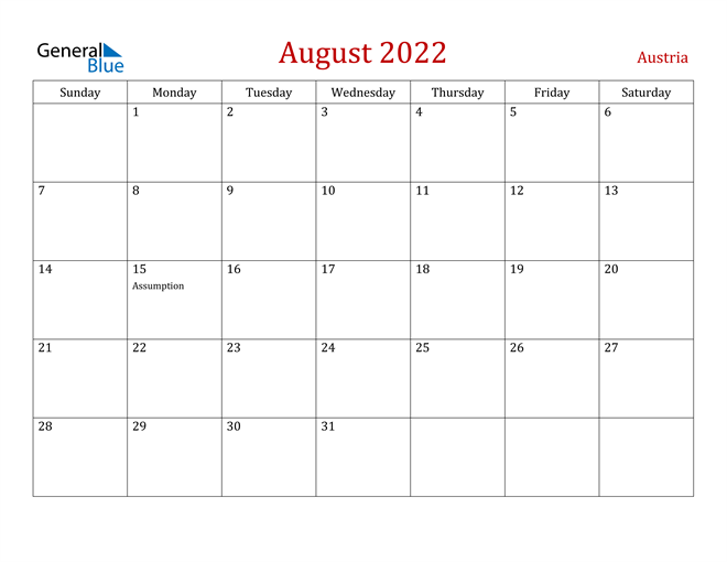 austria august 2022 calendar with holidays