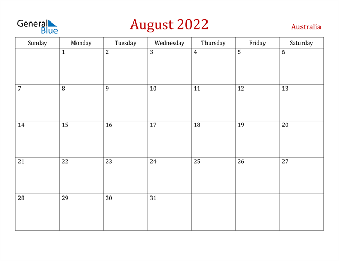 Australia August 2022 Calendar With Holidays