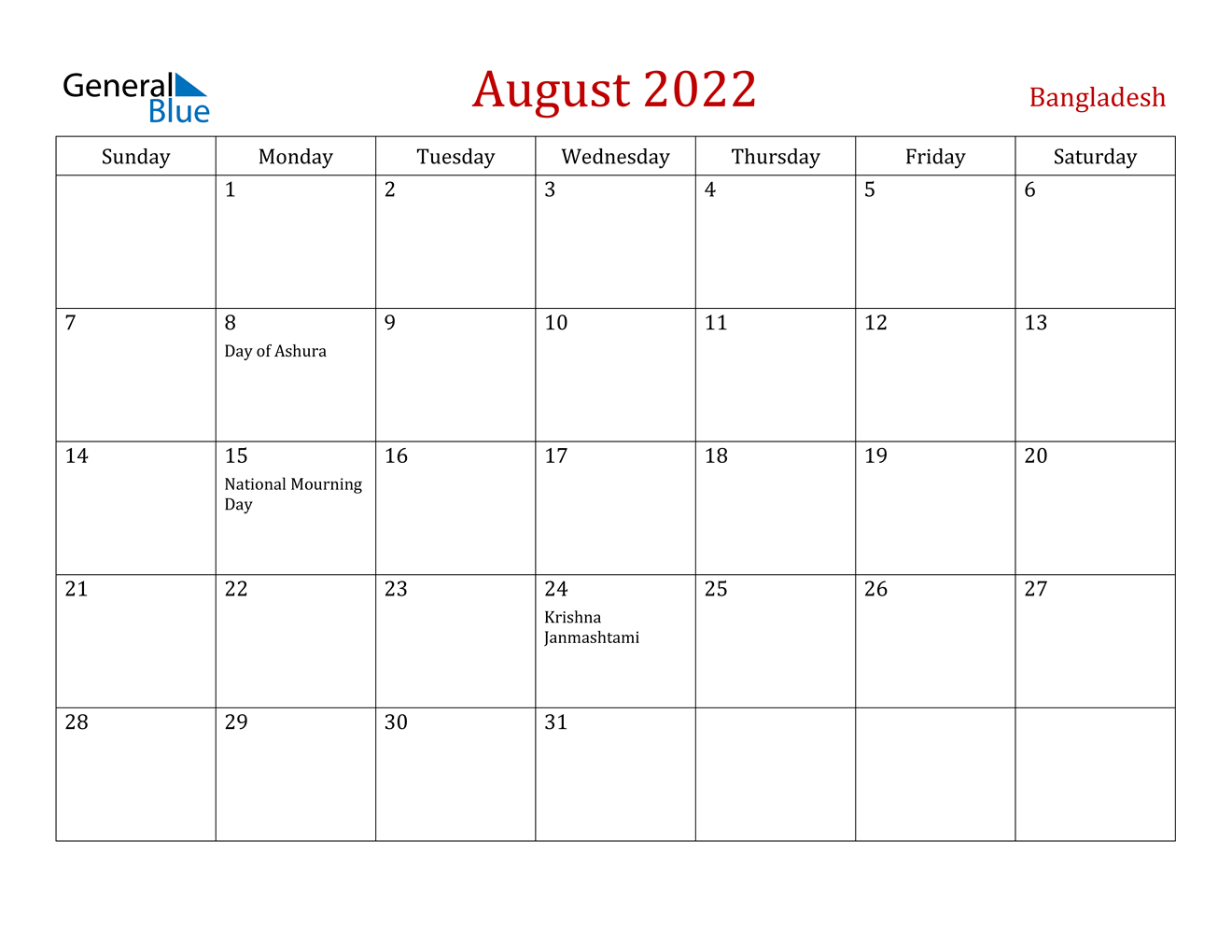 bangladesh august 2022 calendar with holidays