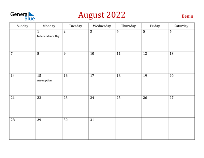 Benin August 2022 Calendar