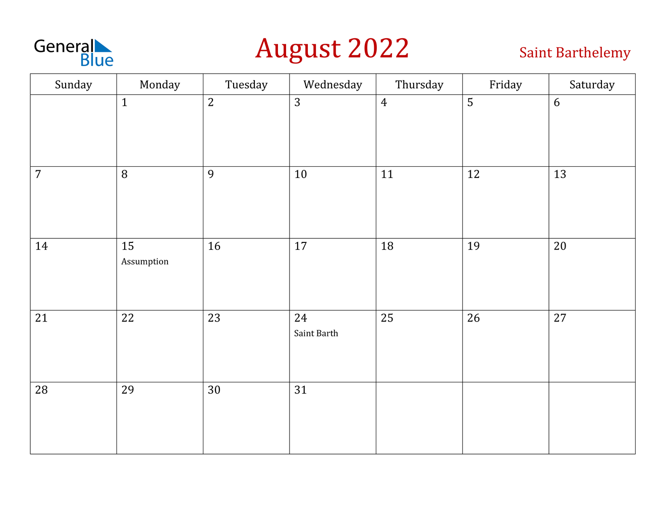 august 2022 calendar saint barthelemy