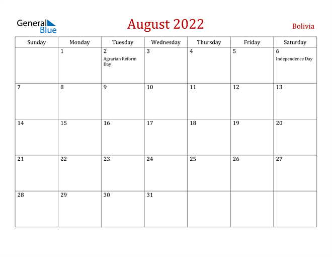 Bolivia August 2022 Calendar