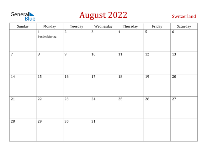 Switzerland August 2022 Calendar