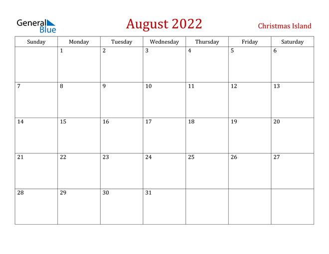 Christmas Island August 2022 Calendar