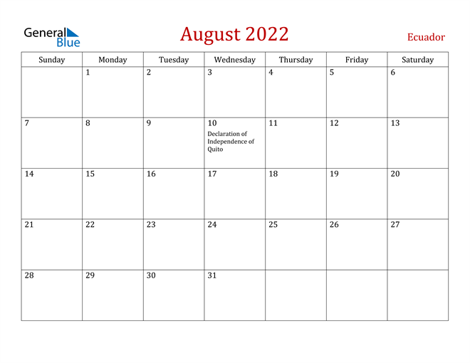 Ecuador August 2022 Calendar