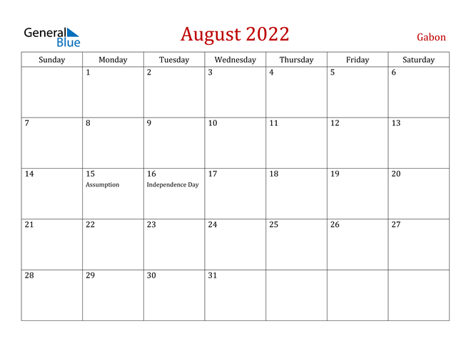 Gabon August 2022 Calendar