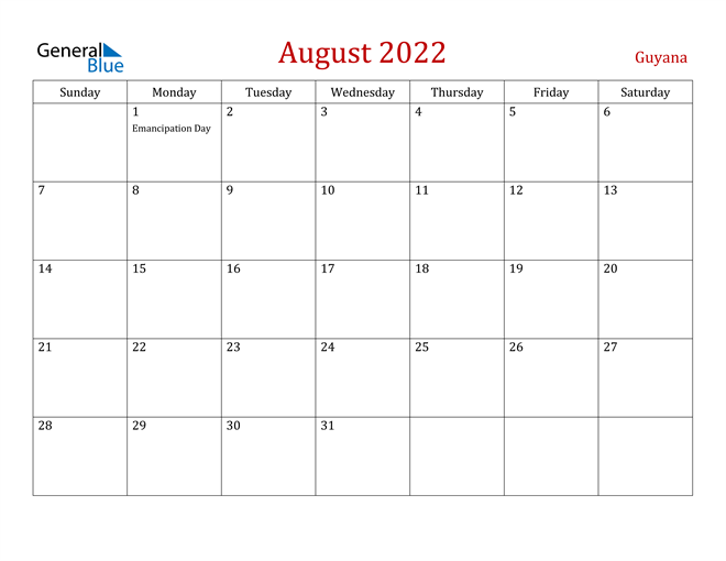 Guyana August 2022 Calendar