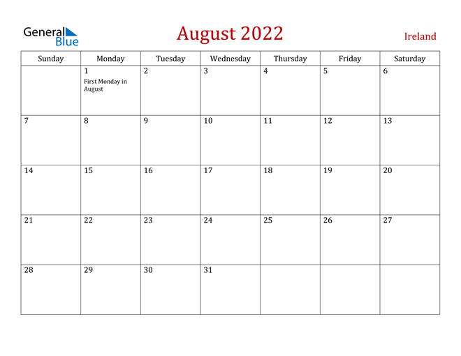 ireland august 2022 calendar with holidays