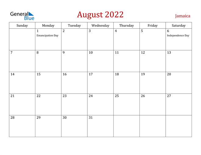 Jamaica August 2022 Calendar