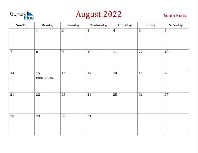 South Korea August 2022 Calendar
