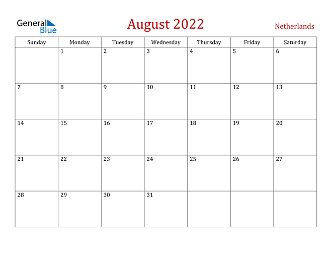 Netherlands August 2022 Calendar