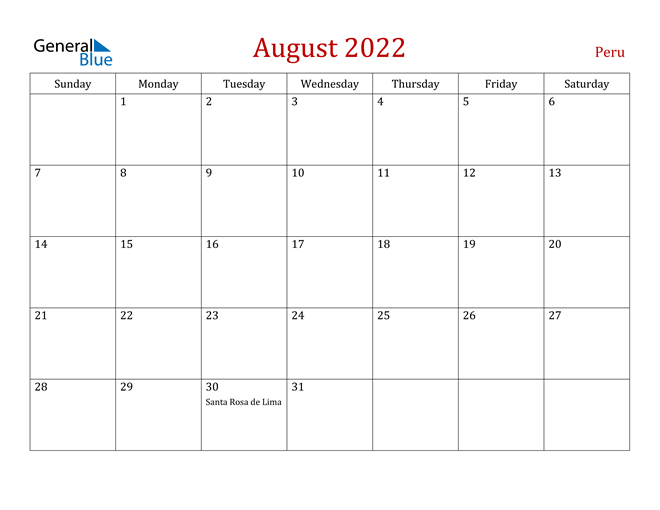 peru august 2022 calendar with holidays