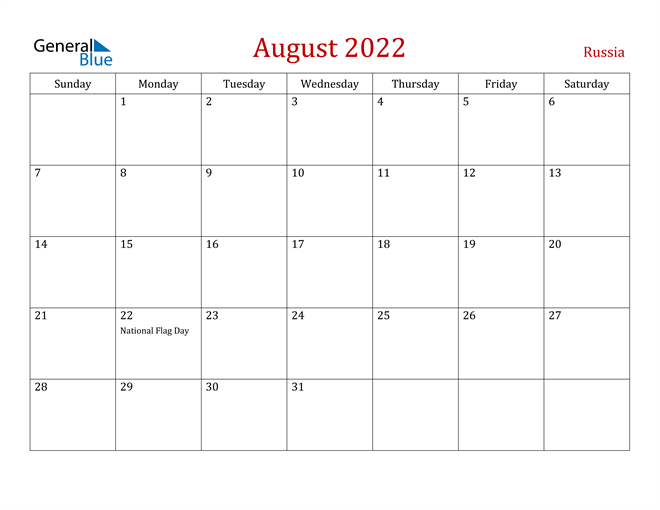 Russia August 2022 Calendar