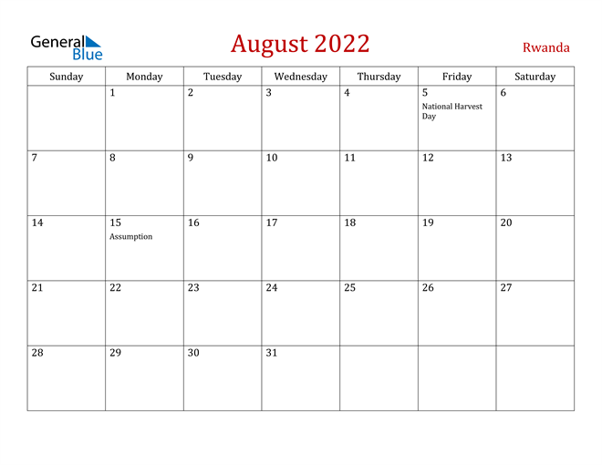 Rwanda August 2022 Calendar
