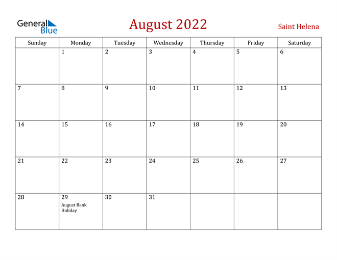 Saint Helena August 2022 Calendar