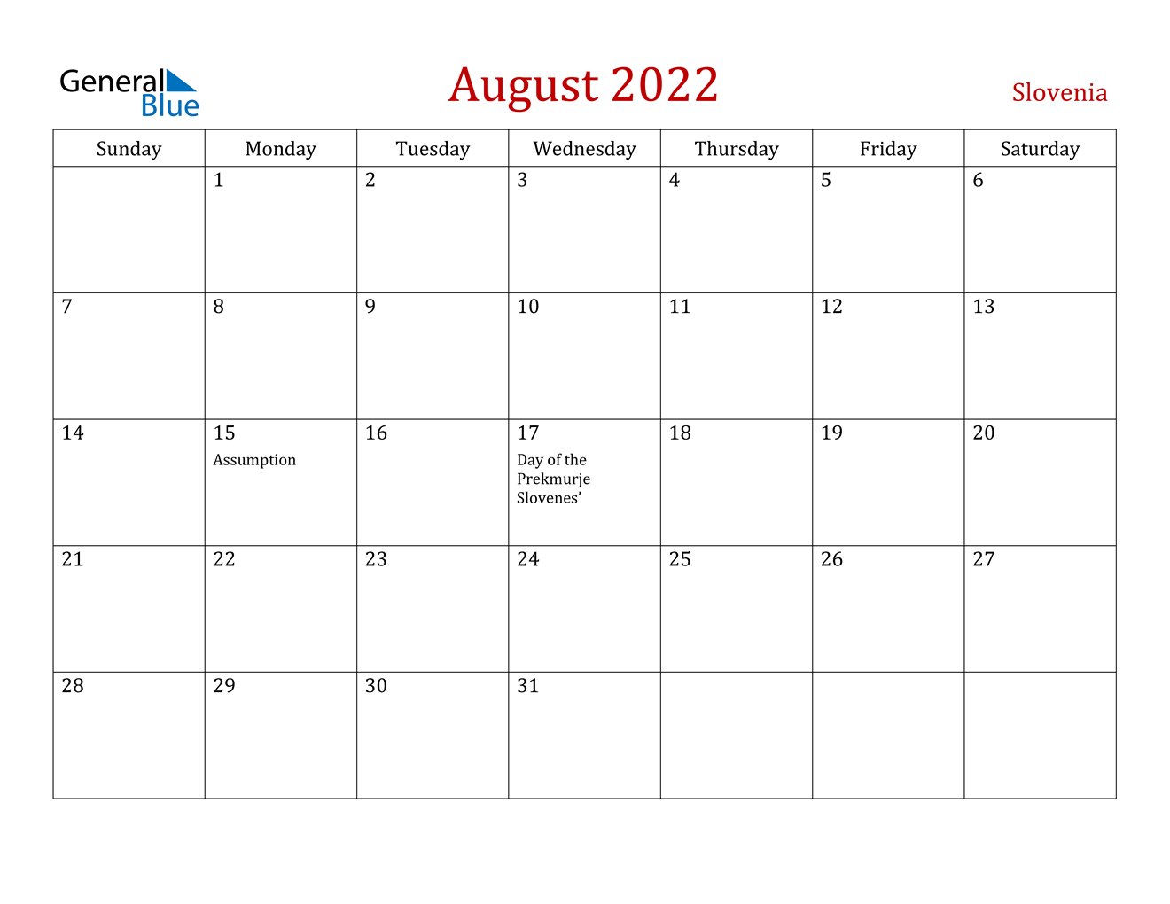 august 2022 calendar slovenia