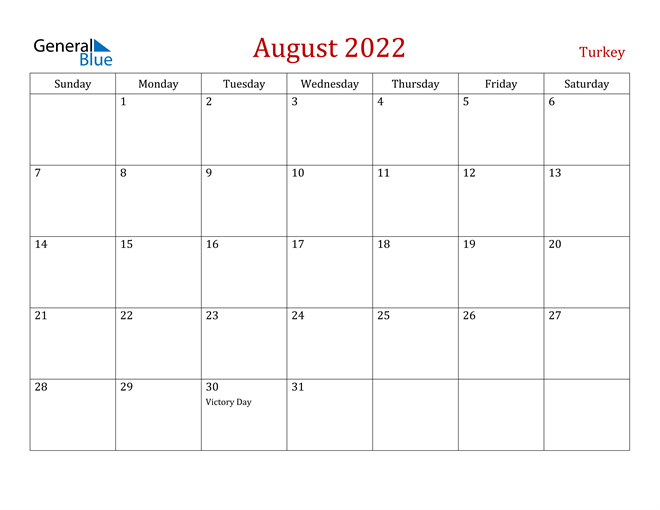 Turkey August 2022 Calendar