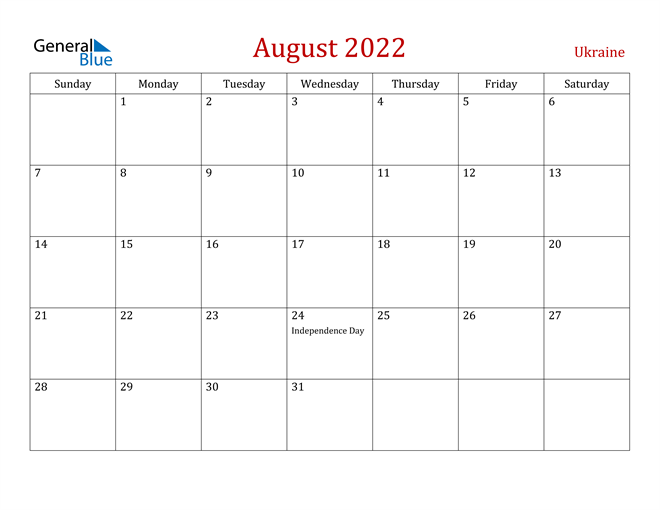 Ukraine August 2022 Calendar