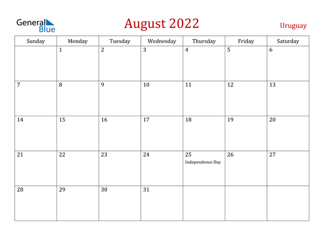 august 2022 calendar uruguay