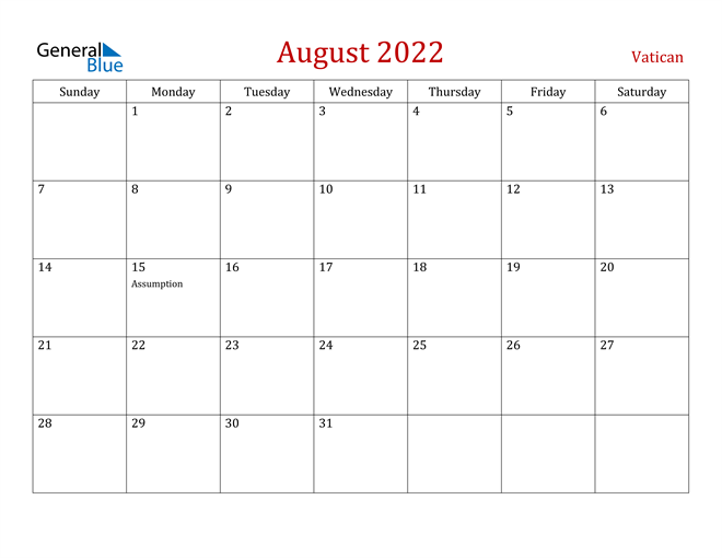 Vatican August 2022 Calendar