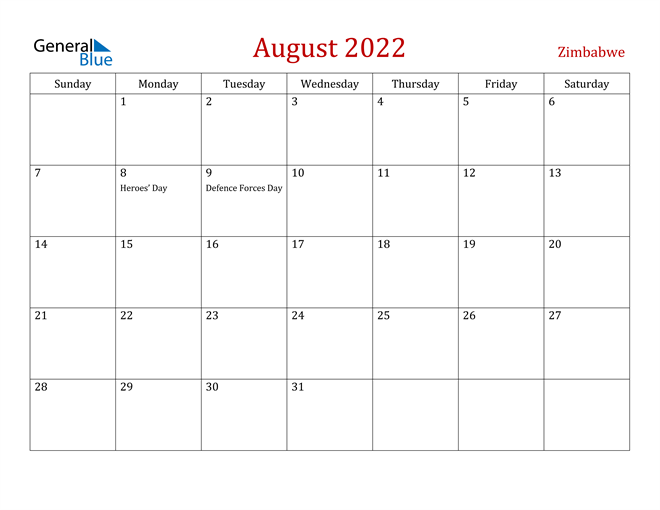 Zimbabwe August 2022 Calendar