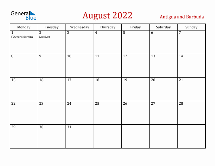Antigua and Barbuda August 2022 Calendar - Monday Start