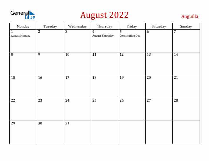 Anguilla August 2022 Calendar - Monday Start