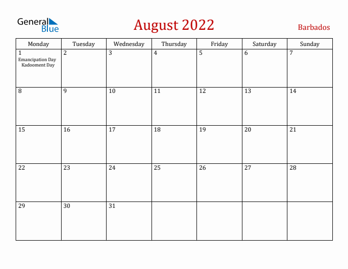 Barbados August 2022 Calendar - Monday Start