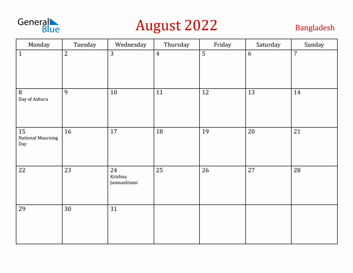 Bangladesh August 2022 Calendar - Monday Start