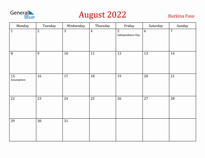 Burkina Faso August 2022 Calendar - Monday Start